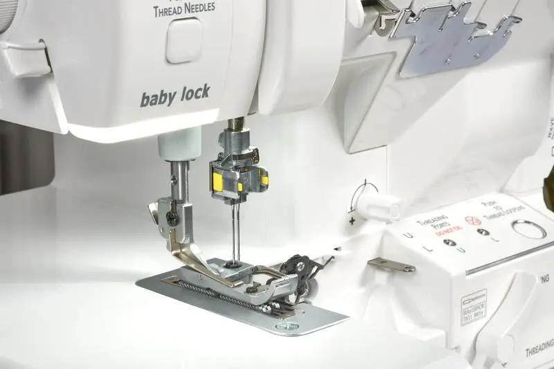 Baby Lock Serenity 4-Thread Serger sewing machine, white with metal presser foot and threading knobs