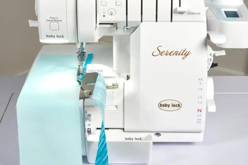Baby Lock Serenity 4-Thread Serger sewing machine, white with turquoise fabric strip