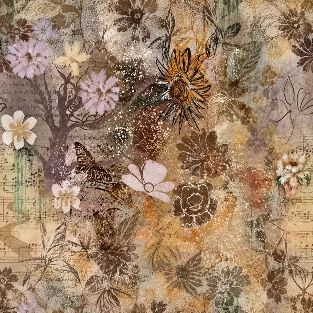 Nature’s Canvas Brown Garden Scenic quilting cotton fabric with detailed botanical garden imagery in warm brown and natural tones.