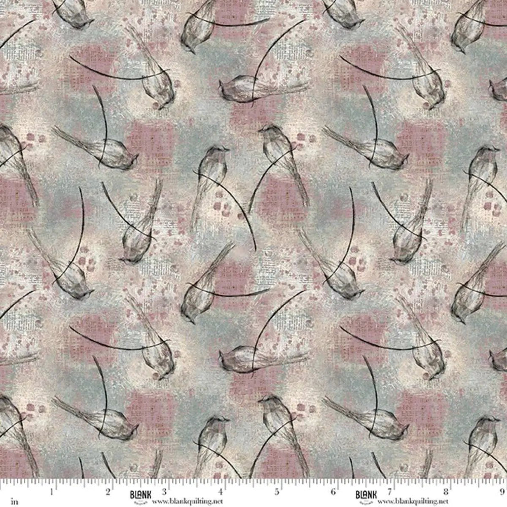Nature’s Canvas Light Plum Sketched Birds quilting cotton fabric with tossed illustrated birds and botanical details on a soft plum background.