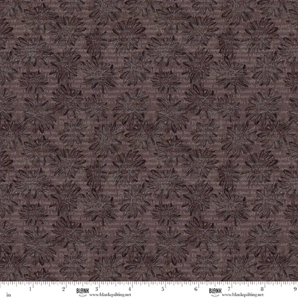 Nature’s Canvas Plum Floral With Words quilting cotton fabric with layered plum florals, botanical details, and artistic script text.