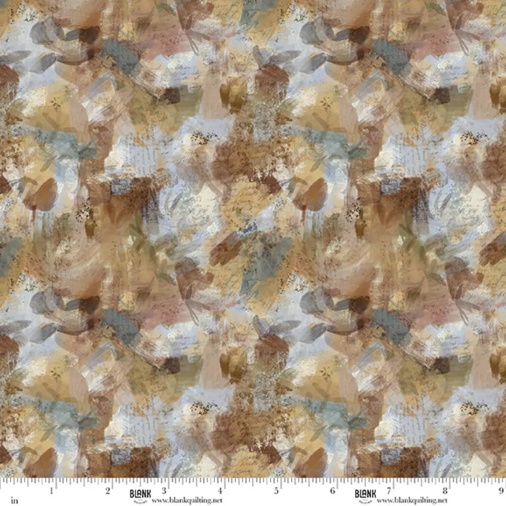 Nature’s Canvas Brown Abstract Floral Texture quilting cotton fabric with layered brown, tan, cream, and muted blue painterly floral shapes.