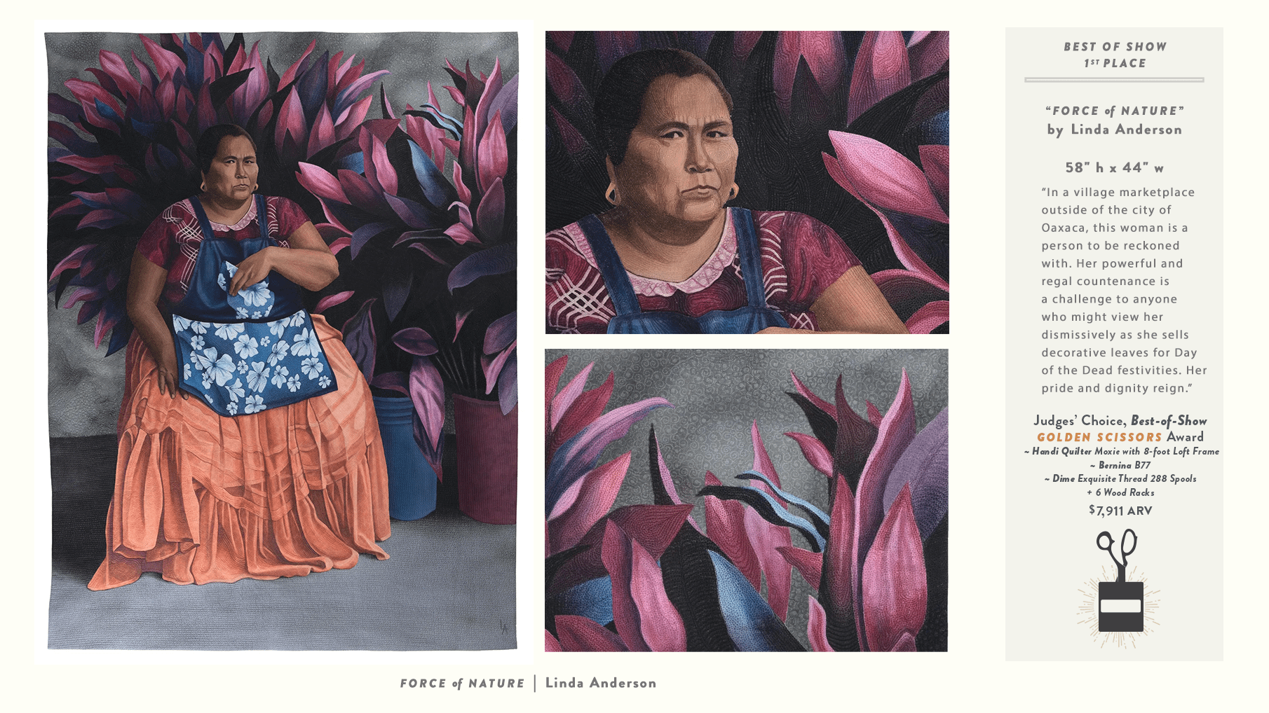 Painting of a women with some information on right side 