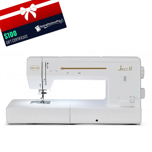 Baby Lock Jazz II sewing and quilting machine, white with gold accents.