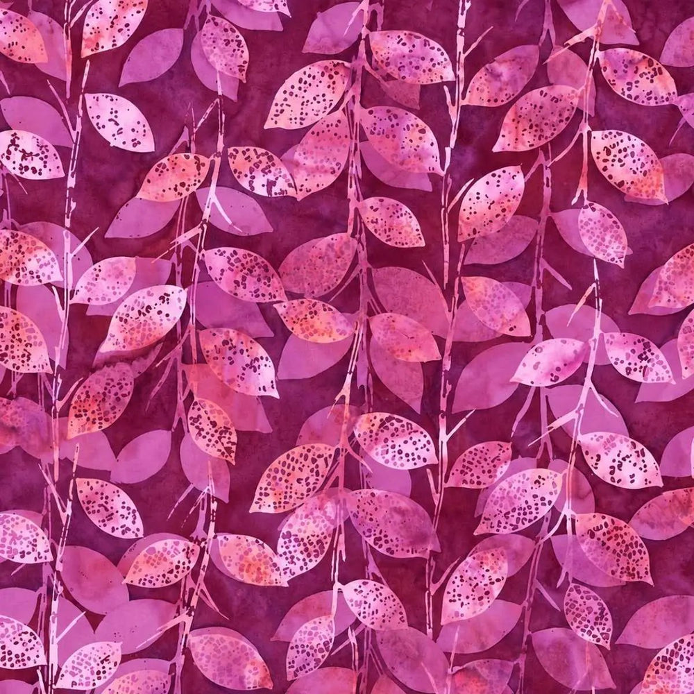Hoffman Bali Batik X-Ray Leaves Cabernet T2396-104 cotton quilting fabric featuring a tonal leaf pattern in deep wine-red tones.