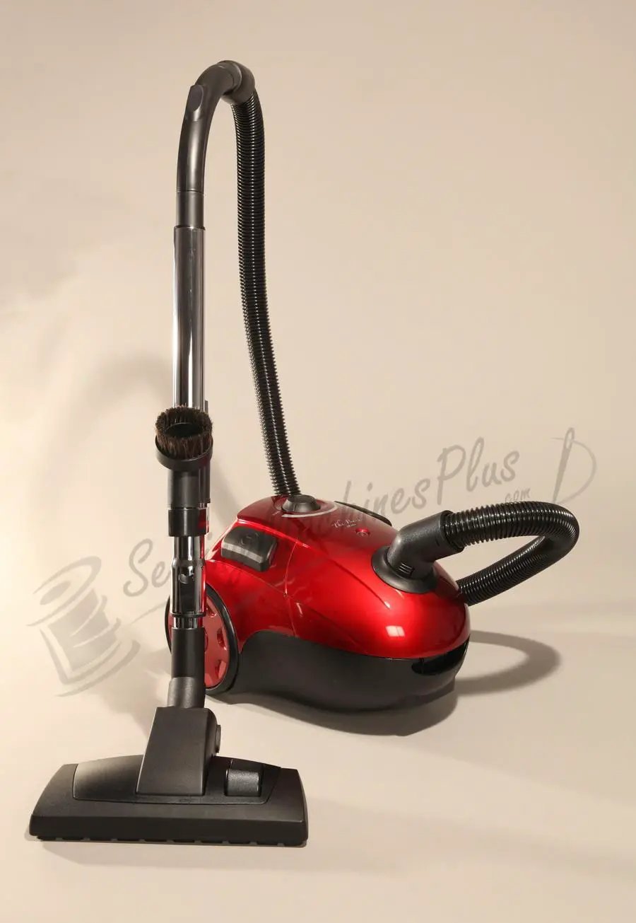 The Bank Robber canister vacuum, red finish with long wand, flexible hose, and floor nozzle