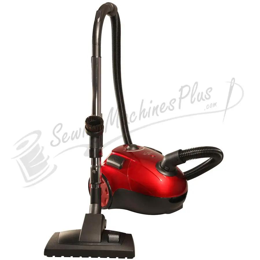 The Bank Robber canister vacuum, red body with black hose and floor nozzle