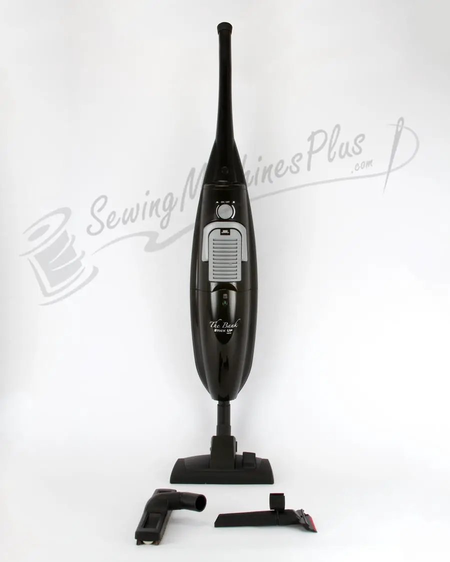 The Bank Stick Up HEPA hard floor vacuum, black, with 3 attachments.