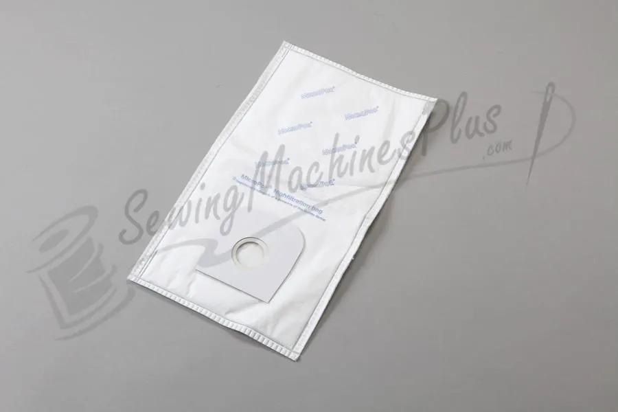 The Bank Stick Up HEPA vacuum bag; white rectangular bag with a circular cutout.