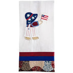 Anita Goodesign Sunbonnet Sue and Sam embroidery design on white towel with red and blue border and patchwork bottom