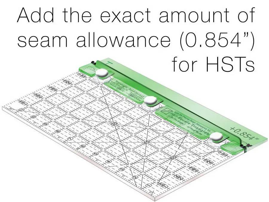 Guidelines 4 Quilting seam allowance ruler for HSTs with built-in finger guard; translucent green grid ruler.