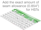 Guidelines 4 Quilting seam allowance ruler for HSTs with built-in finger guard; translucent green grid ruler.