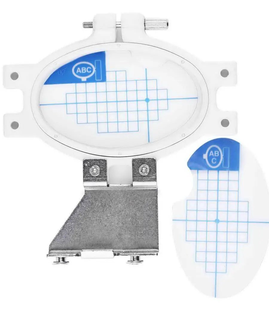 Sew Tech embroidery pocket hoop 20mm x 60mm, white plastic with blue grid markings.