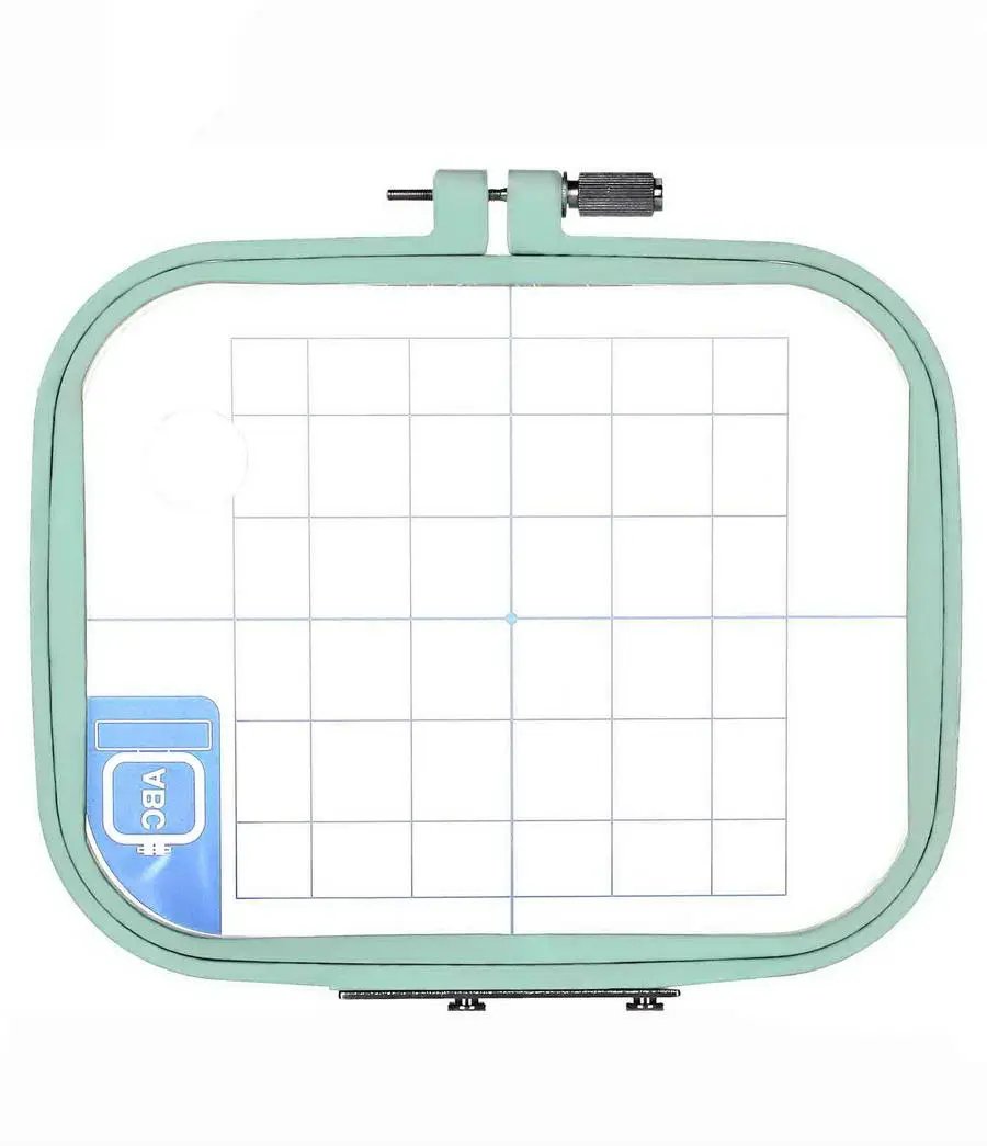 Sew Tech embroidery hoop 110mm x 110mm turquoise square frame with grid fabric