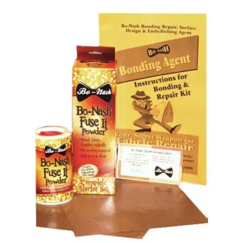 Bo-Nash Bonding Agent Starter Set for fabric repair; includes Fuse It Powder can and bottle, plus instruction kit