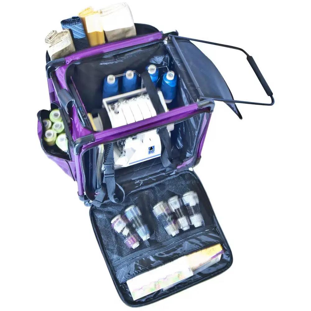 Tutto 17in Serger on Wheels luggage in purple; open case shows organized sewing tools and spools.
