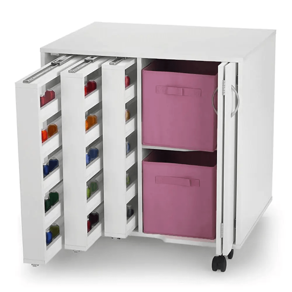Arrow Mod Squad sewing cabinet on wheels, white with three thread-tower drawers and pink storage bins
