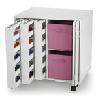 Arrow Mod Squad sewing cabinet on wheels, white with three thread-tower drawers and pink storage bins