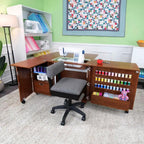 Wallaby II Studio sewing cabinet set by Kangaroo Sewing Furniture in teak with air lift and Dingo II, thread racks