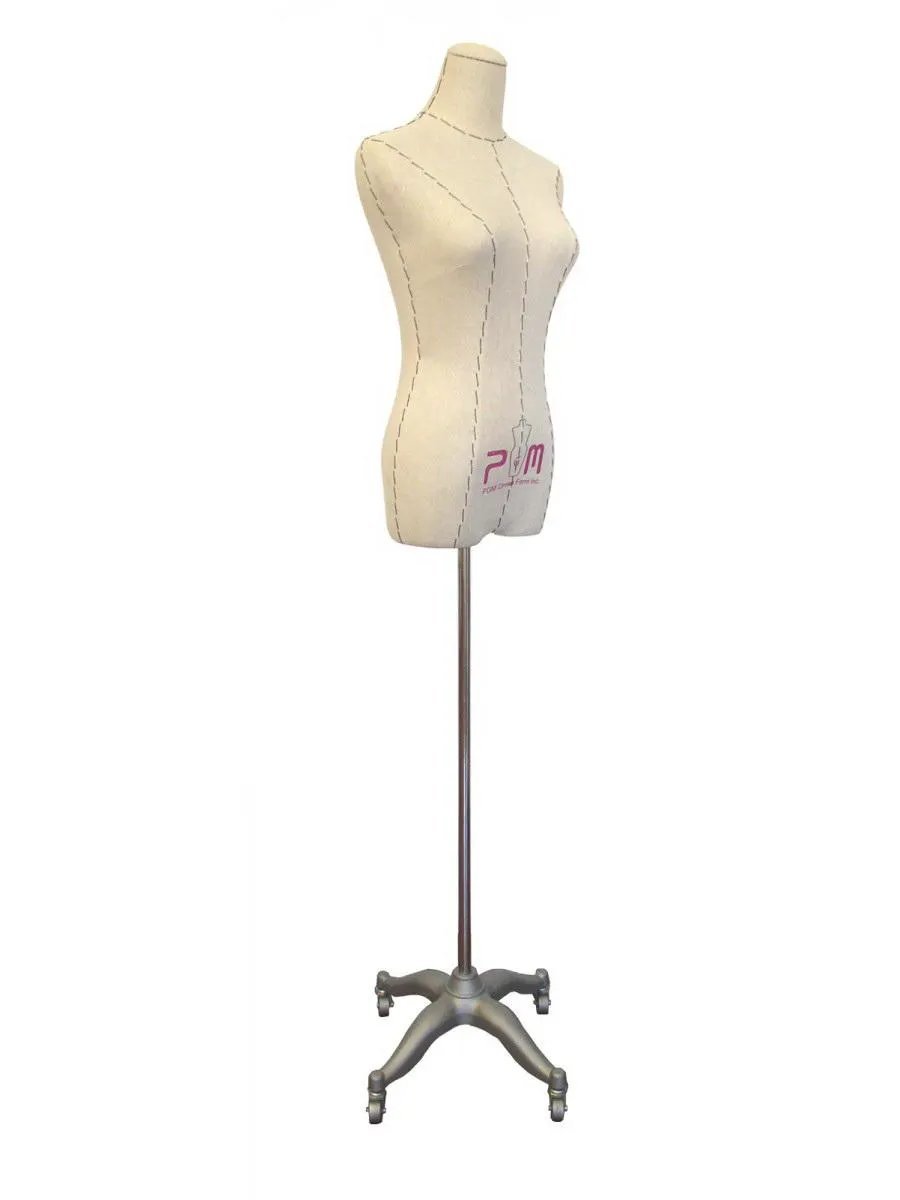 PGM Pro 602G Unique Lined Dress Form Mannequin on wheeled stand, beige fabric