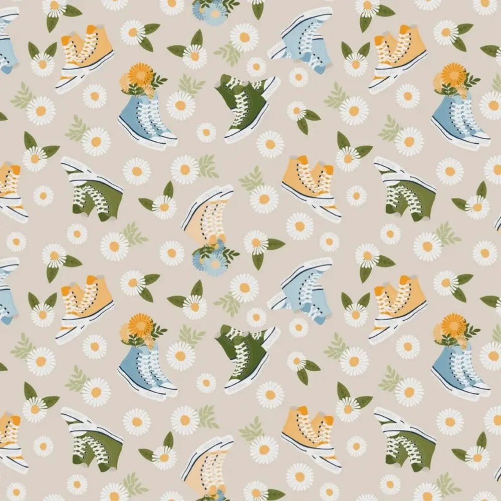 Sunshine & Dandelions Shoes Cream quilting fabric with colorful high-top sneakers, daisies, and leafy accents by Traci Reed for Riley Blake Designs