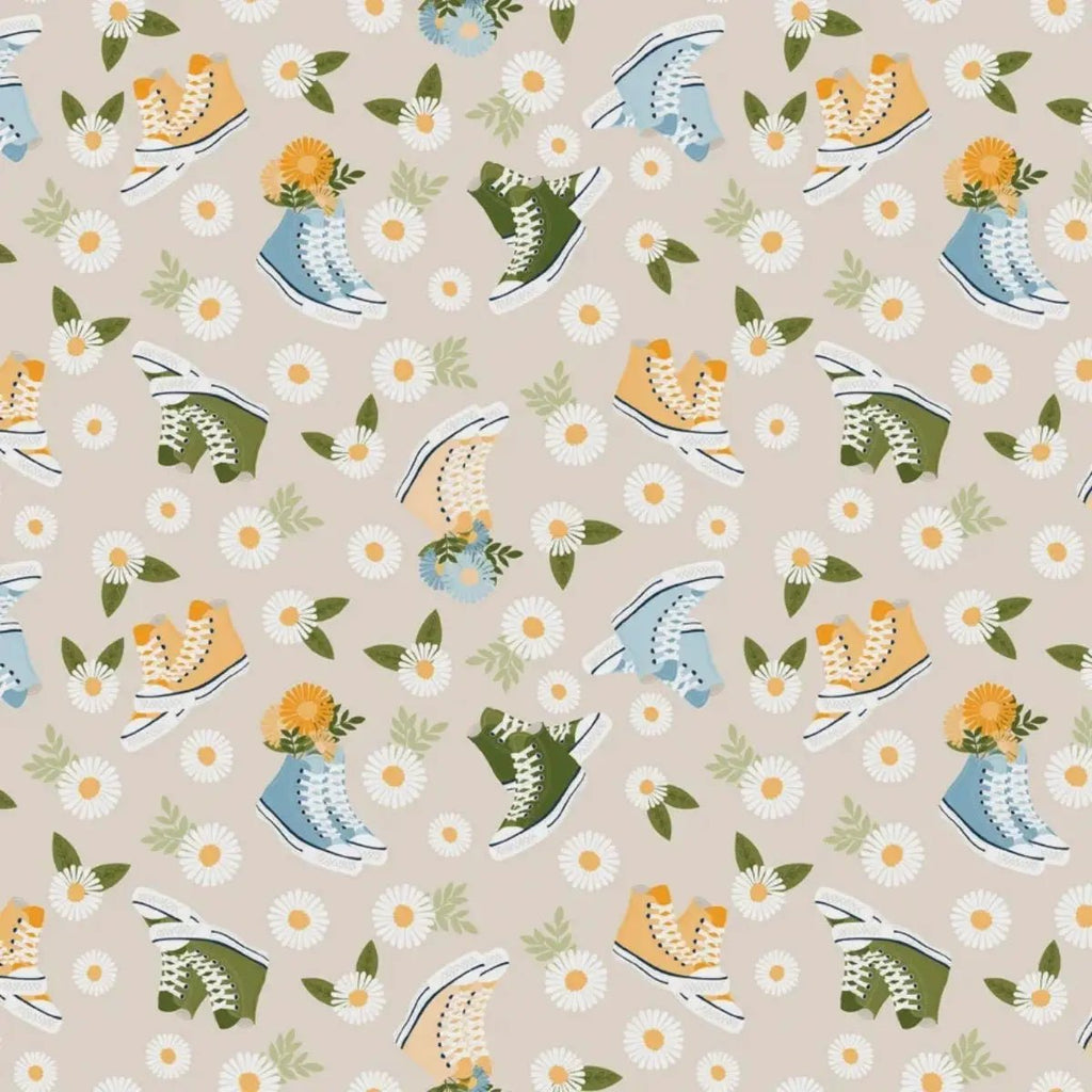 Sunshine & Dandelions Shoes Cream quilting fabric with colorful high-top sneakers, daisies, and leafy accents by Traci Reed for Riley Blake Designs