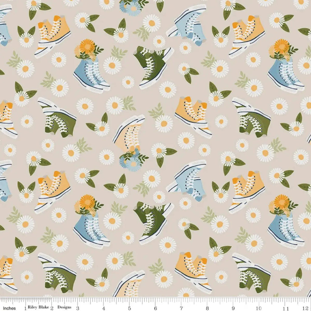 Sunshine & Dandelions Shoes Cream quilting fabric with colorful high-top sneakers, daisies, and leafy accents by Traci Reed for Riley Blake Designs