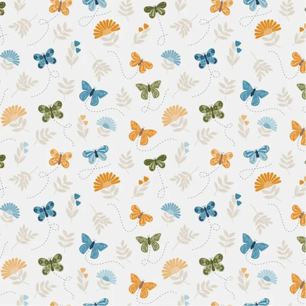 Sunshine & Dandelions Butterflies Cloud quilting fabric with colorful butterflies, flowers, and leaves by Traci Reed for Riley Blake Designs