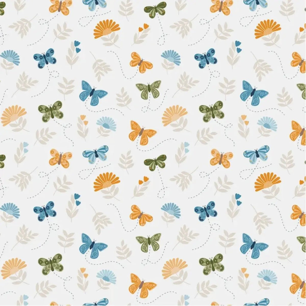 Sunshine & Dandelions Butterflies Cloud quilting fabric with colorful butterflies, flowers, and leaves by Traci Reed for Riley Blake Designs