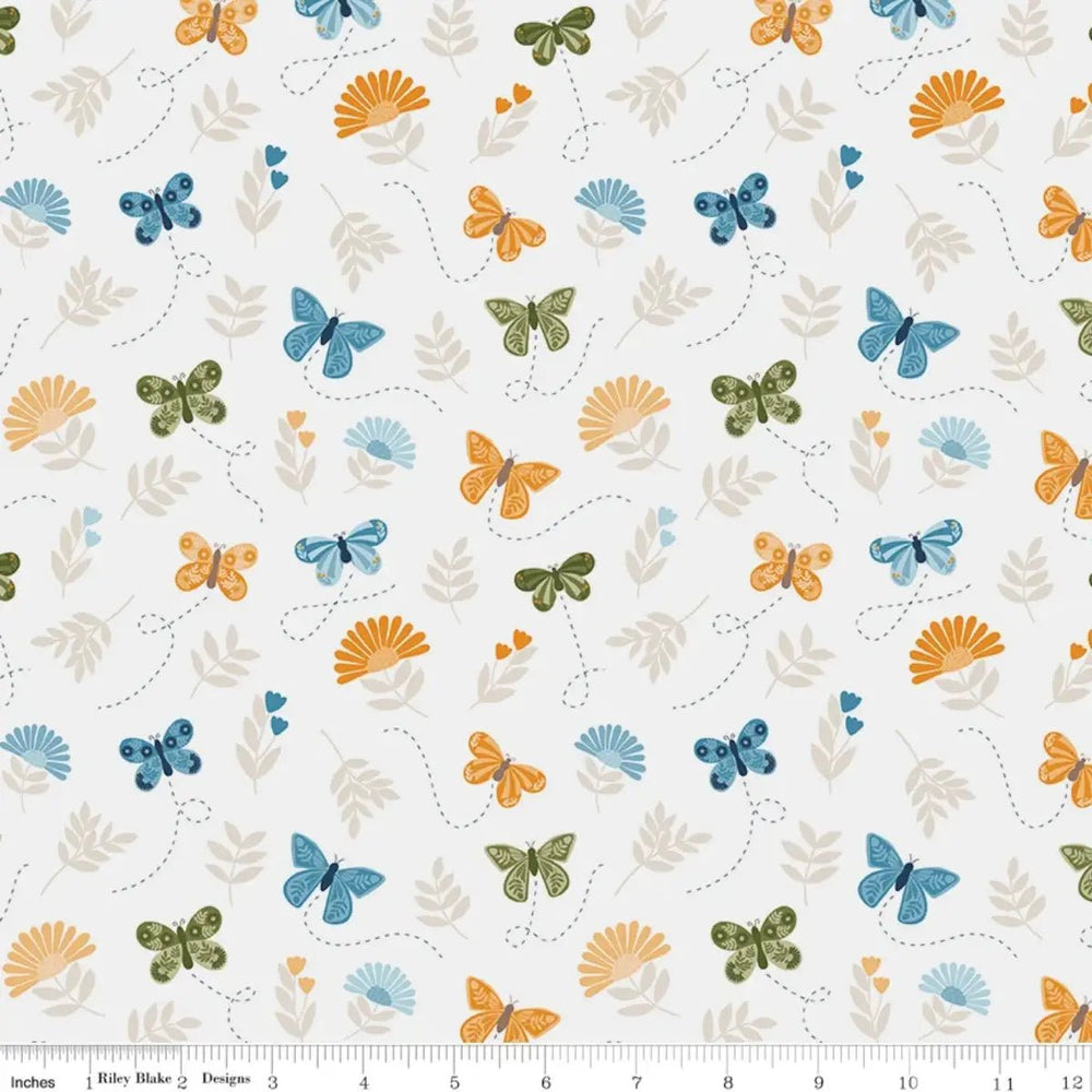 Sunshine & Dandelions Butterflies Cloud quilting fabric with colorful butterflies, flowers, and leaves by Traci Reed for Riley Blake Designs