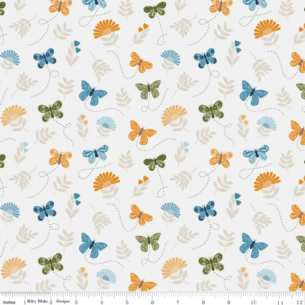 Sunshine & Dandelions Butterflies Cloud quilting fabric with colorful butterflies, flowers, and leaves by Traci Reed for Riley Blake Designs