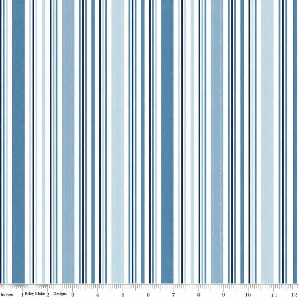 Sunshine & Dandelions Stripes Blue quilting fabric with vertical blue navy and white stripes by Traci Reed for Riley Blake Designs