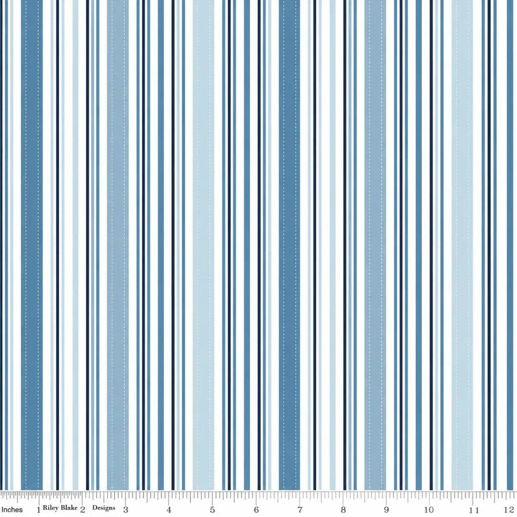 Sunshine & Dandelions Stripes Blue quilting fabric with vertical blue navy and white stripes by Traci Reed for Riley Blake Designs