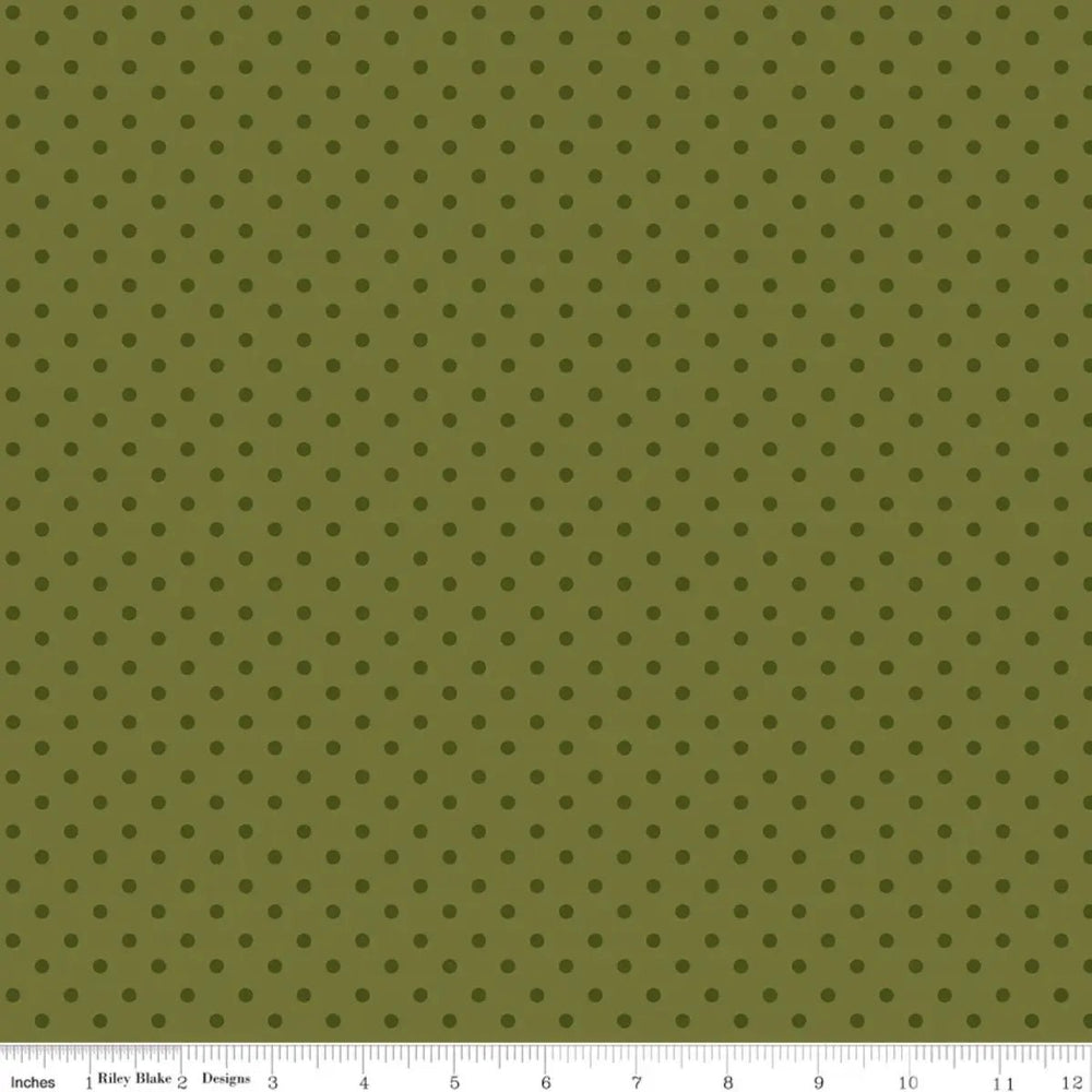Sunshine & Dandelions Dots Green quilting fabric with dark green dots on an olive green background by Traci Reed for Riley Blake Designs