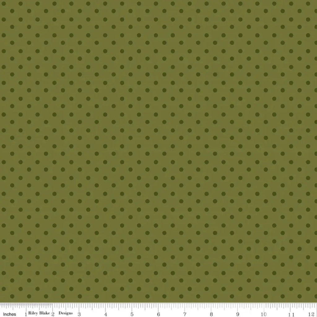 Sunshine & Dandelions Dots Green quilting fabric with dark green dots on an olive green background by Traci Reed for Riley Blake Designs