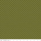 Sunshine & Dandelions Dots Green quilting fabric with dark green dots on an olive green background by Traci Reed for Riley Blake Designs
