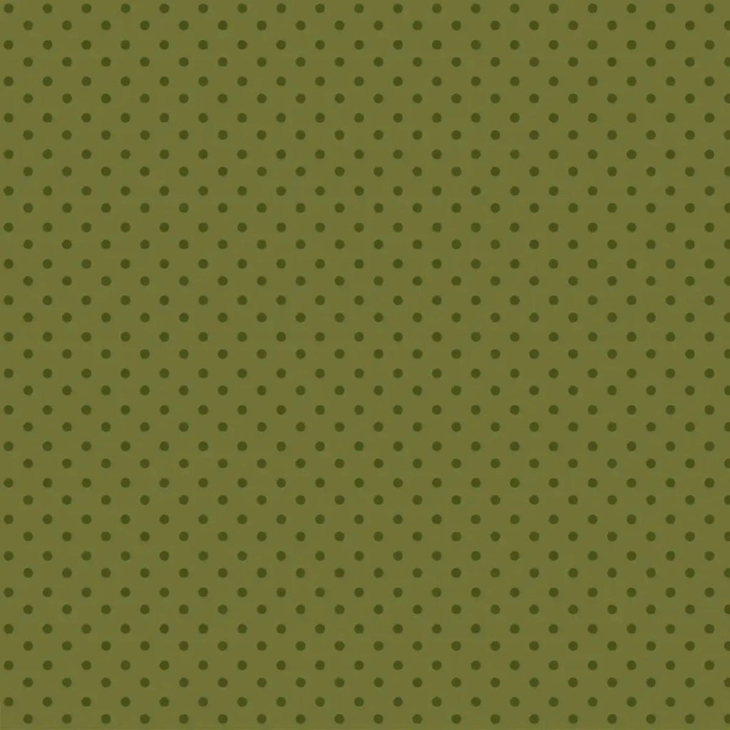 Sunshine & Dandelions Dots Green quilting fabric with dark green dots on an olive green background by Traci Reed for Riley Blake Designs