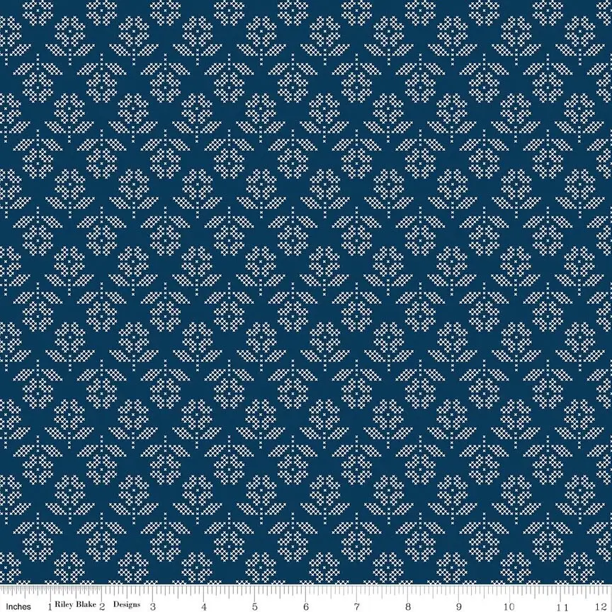 Riley Blake Denim & Daisy Flowers Oxford Blue 1yd Cut (C18131-OXFORDBLUE)