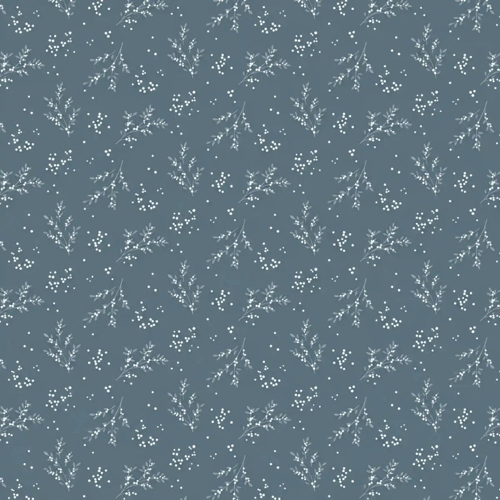 Winter’s Berry blue grey pearlescent floral quilting fabric with white and lavender flowers, green leaves and blue berry accents