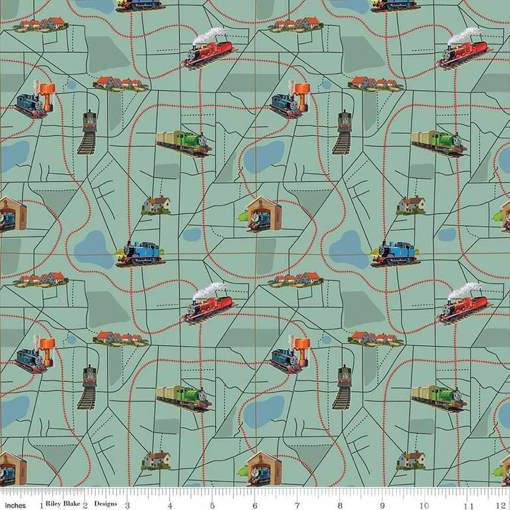 Thomas & Friends 80th Anniversary Map Green quilting cotton fabric with railroad map design by Riley Blake Designs.