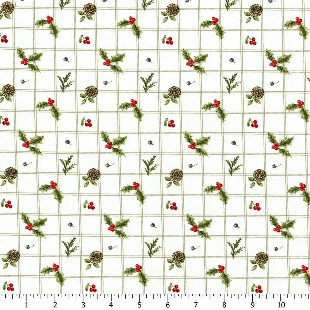 Holiday Spirit Holly Cream quilting fabric with red berries and green holly leaves by Lisa Audit for Riley Blake Designs