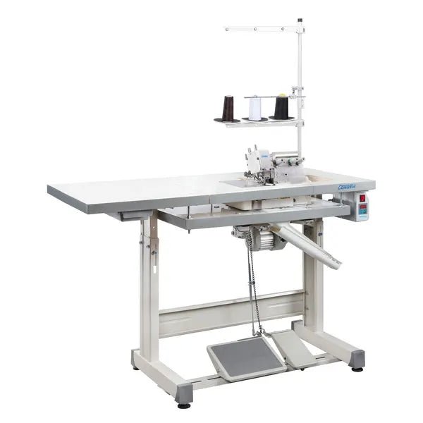 Consew CM793 serger with assembled table and servo motor; gray 2-needle, 3-thread overlock machine