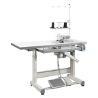 Consew CM793 serger with assembled table and servo motor; gray 2-needle, 3-thread overlock machine