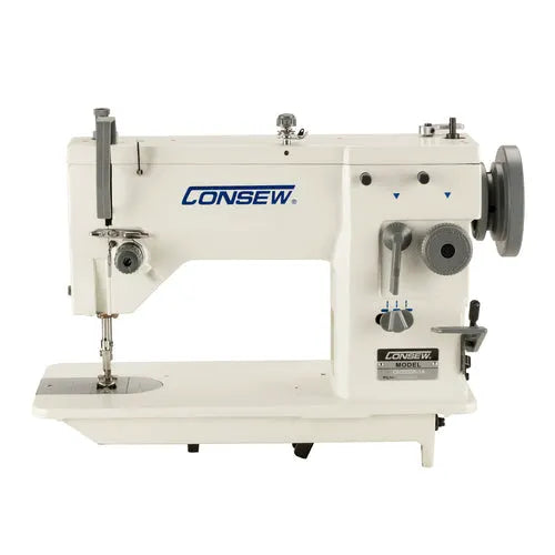 Consew CN2053R-1 sewing machine, white industrial unit with blue logo, drop-feed single-needle zigzag lockstitch.