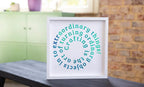 Brother Bellissimo CT1 cutting machine framed art piece with teal circular typography