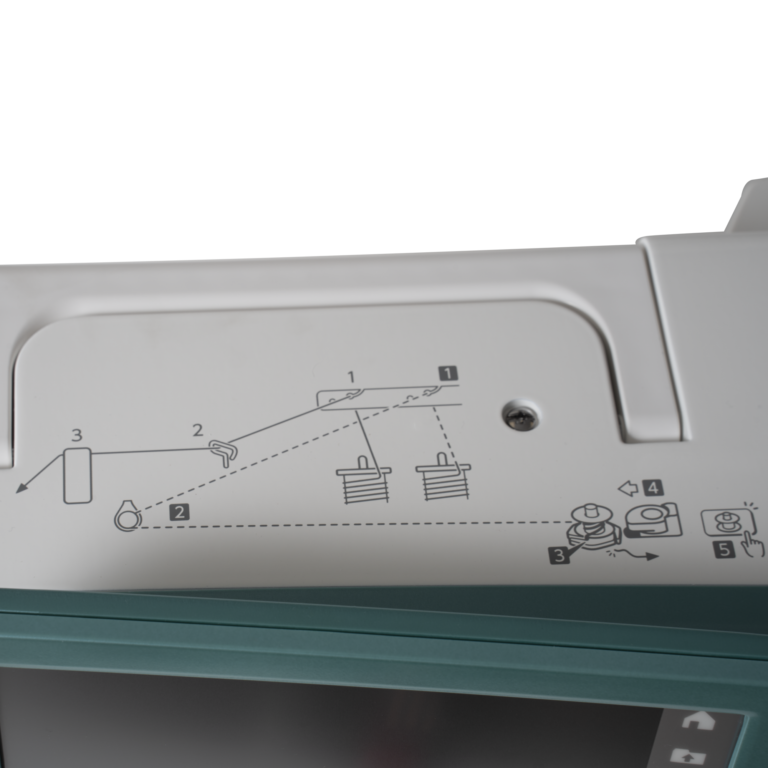 Sewing machine with white body and instructional diagram panel on the side