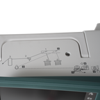 Sewing machine with white body and instructional diagram panel on the side