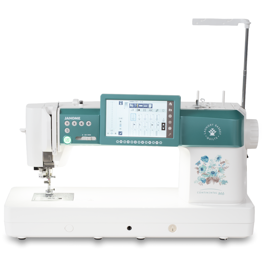 Janome Continental M6 Laundry Basket Quilts sewing machine with teal body and touchscreen display