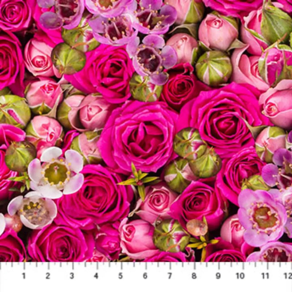 Budding Romance Mixed Roses Dark Pink Multi quilting cotton fabric with detailed pink, blush, and cream rose florals.