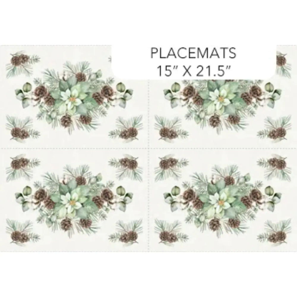 White Linen Christmas placemat fabric panel with neutral cream taupe brown and sage holiday botanical designs by Northcott